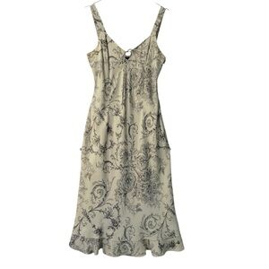 100% Silk Slip Dress Neutral Tan Toile Floral Sleeveless Dress w Bow Size Medium